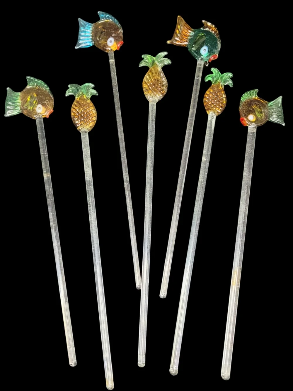 Vintage Tropical Handblown Glass Fish & Pinapple Cocktail Swizzle Stirrers